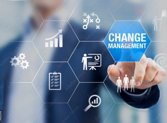 Change management in organization and business concept with consultant presenting icons of strategy, plan, implementation, communication, team, success.